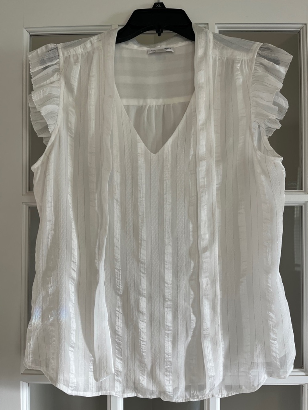 Calvin Klein White V-Neck Ruffle Sleeve Blouse